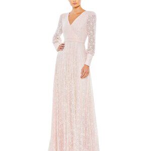 NWT | Mac Duggal 93679 Beaded Lace Long Sleeve Wrap Over Gown Light Rose 6 -$798